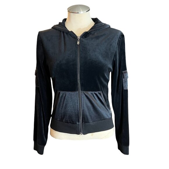 BCBG MAXAZRIA Hoodie M Womens Black Colorblock Velvet Full Zip Jacket Medium - Picture 1 of 10